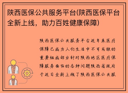陕西医保公共服务平台(陕西医保平台全新上线，助力百姓健康保障)